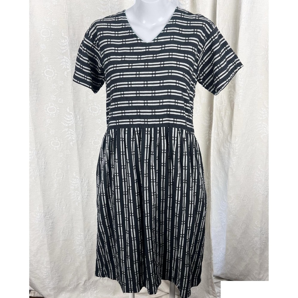Liz Alig black & gray stripe woven cotton relaxed shift dress fit & flare Medium